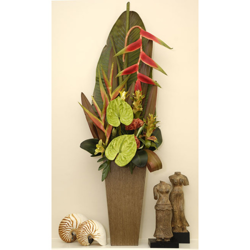 Silk Arrangement in Wooden Vase